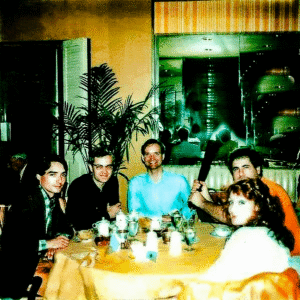 Wolfgang, Ralf, Florian, and I, Kraftwerk, c1979 at Rumpelmayer's, NYC, celebrating the Capitol Records, new rock and roll, record deal.